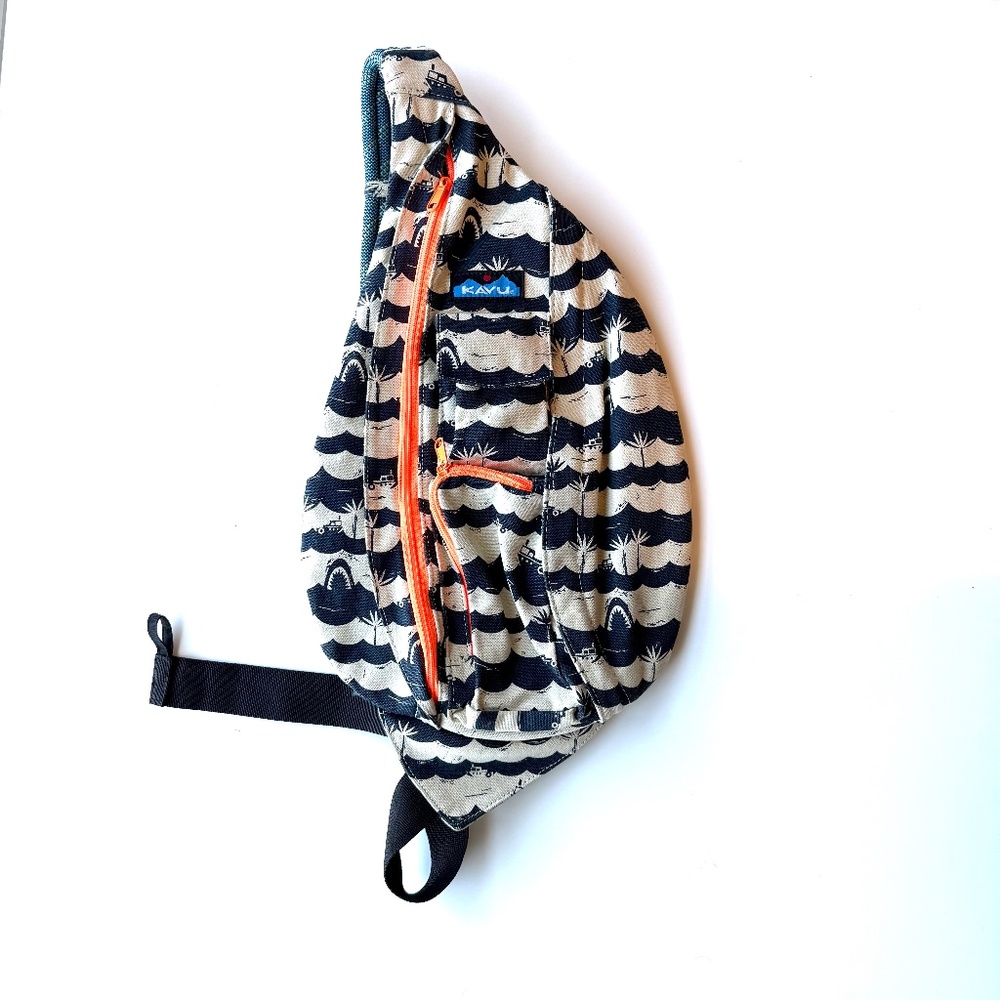 KAVU Canvas Crossbody Backpack - Ocean Wave Print, Navy, Ivory, Orange